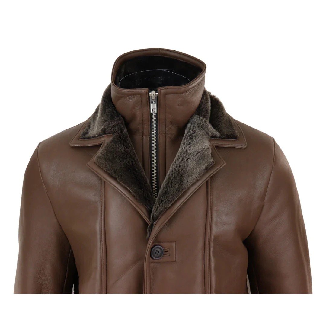 Men’s 3/4 Duffle Jacket Sheepskin Long Button Zip Warm – Brown - Image 4