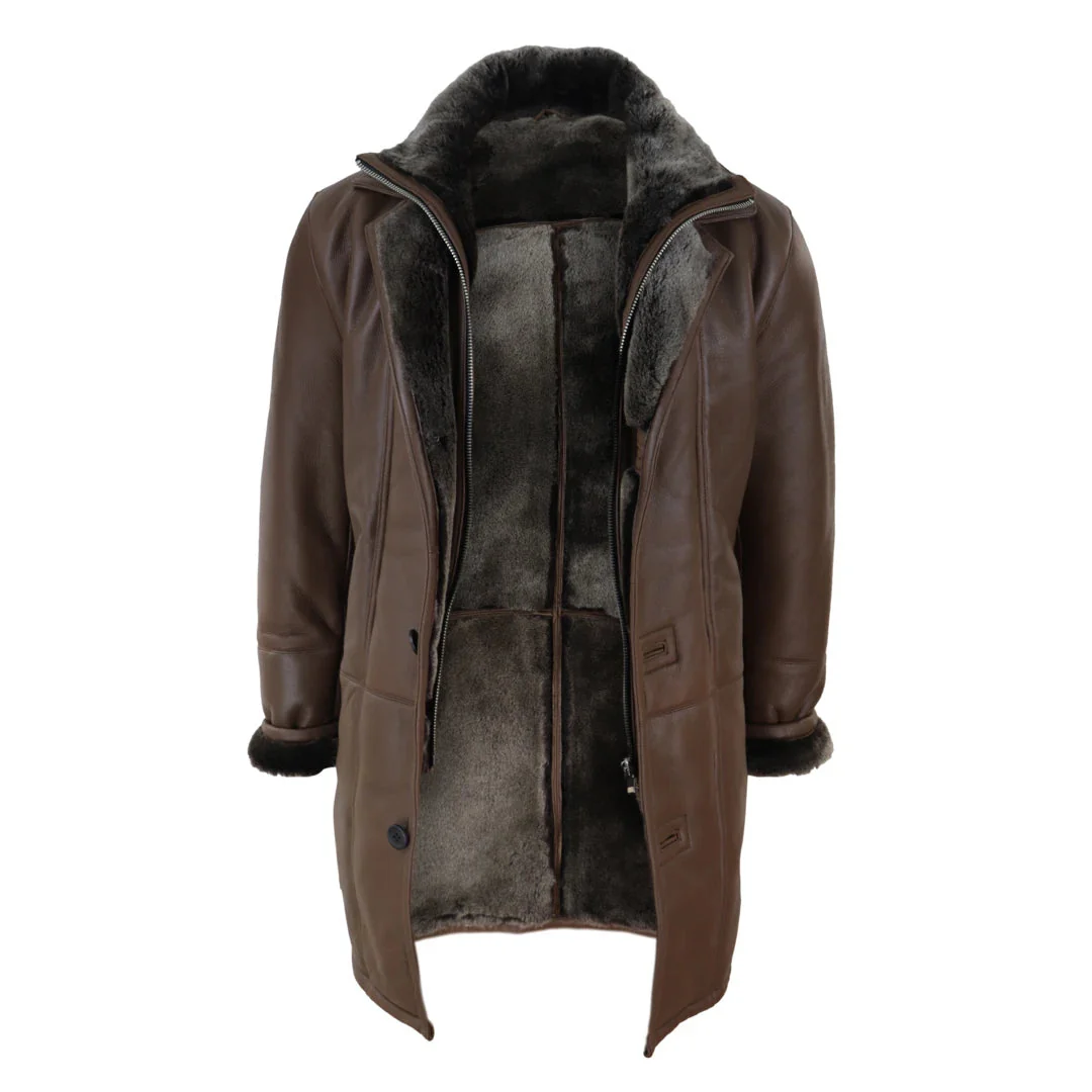 Men’s 3/4 Duffle Jacket Sheepskin Long Button Zip Warm – Brown - Image 5