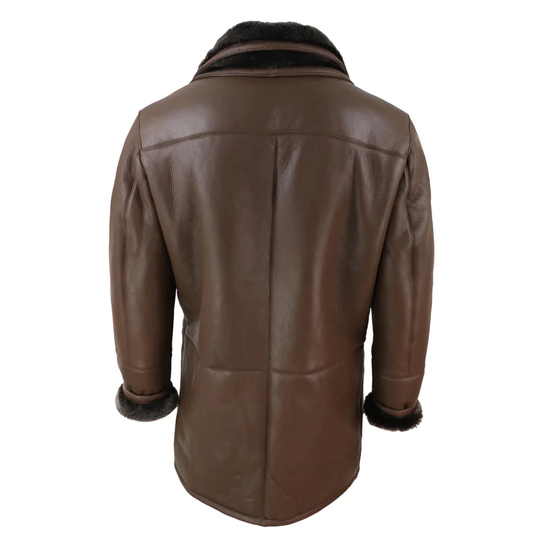 Men’s 3/4 Duffle Jacket Sheepskin Long Button Zip Warm – Brown - Image 6