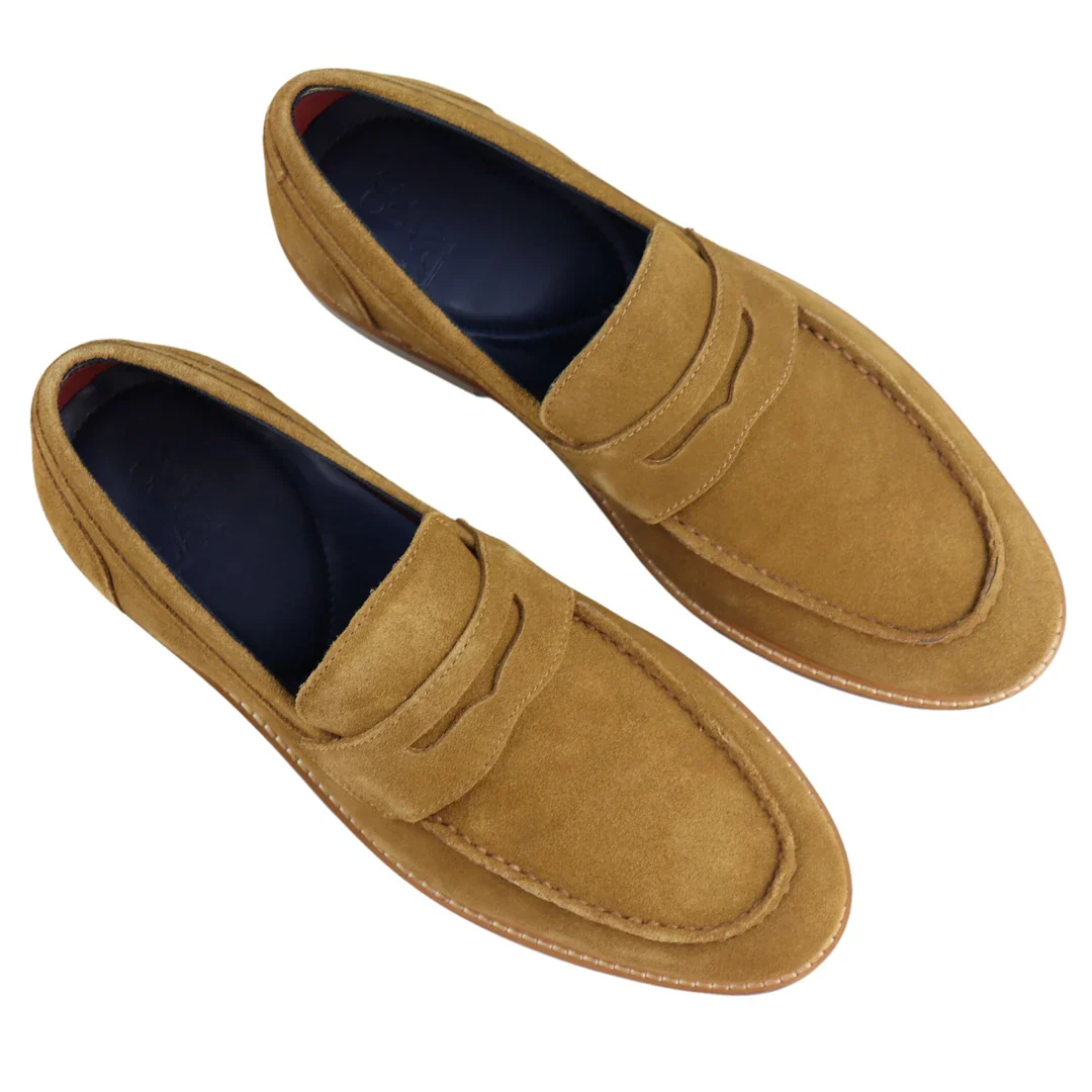 Mens Real Full Suede Slip On Loafers Boat Shoes Tan Smart Casual Classic Comfort Fit - Image 3