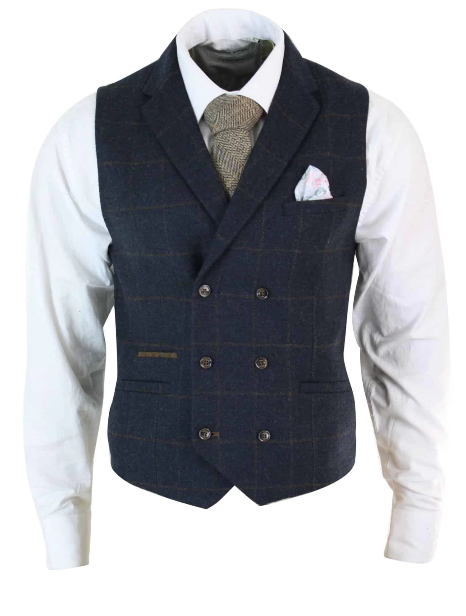 Mens Double Breasted Herringbone Tweed Peaky Blinders Vintage Check Waistcoat Navy Blue