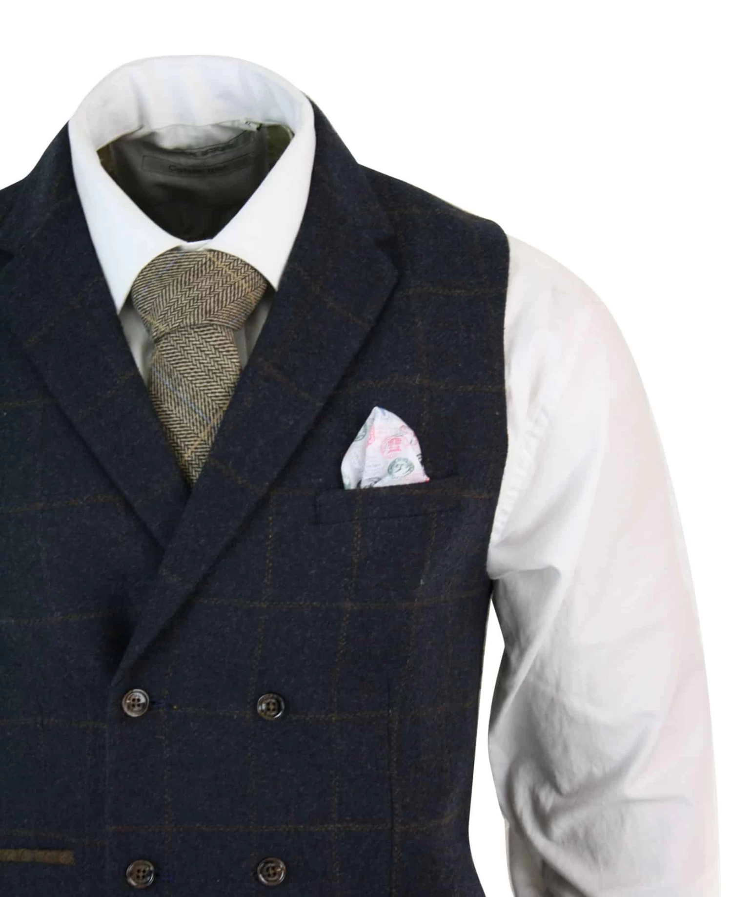 Mens Double Breasted Herringbone Tweed Peaky Blinders Vintage Check Waistcoat Navy Blue - Image 5