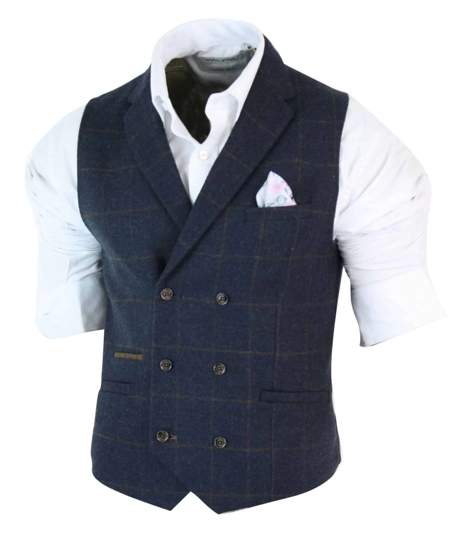 Mens Double Breasted Herringbone Tweed Peaky Blinders Vintage Check Waistcoat Navy Blue - Image 4