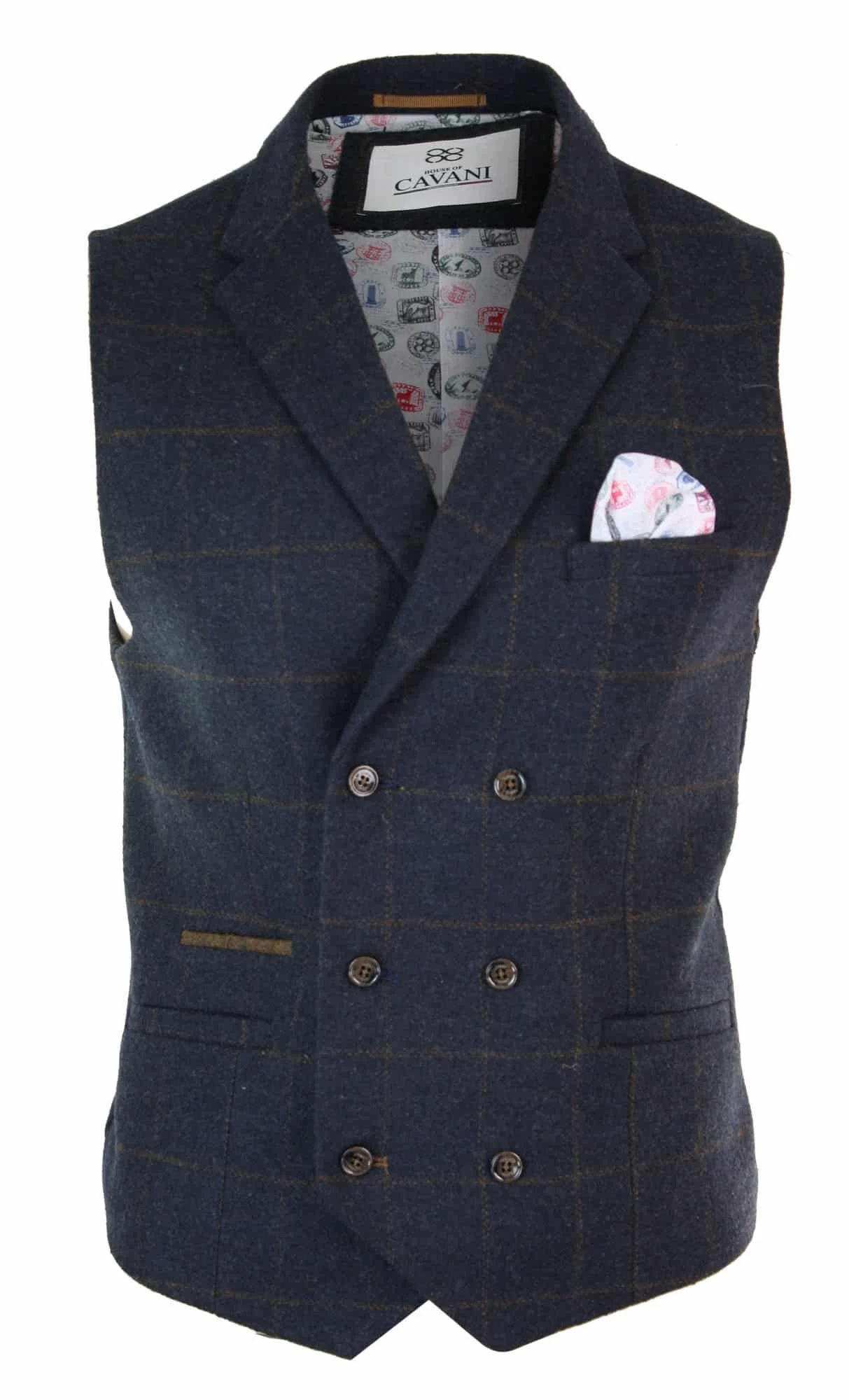 Mens Double Breasted Herringbone Tweed Peaky Blinders Vintage Check Waistcoat Navy Blue - Image 2