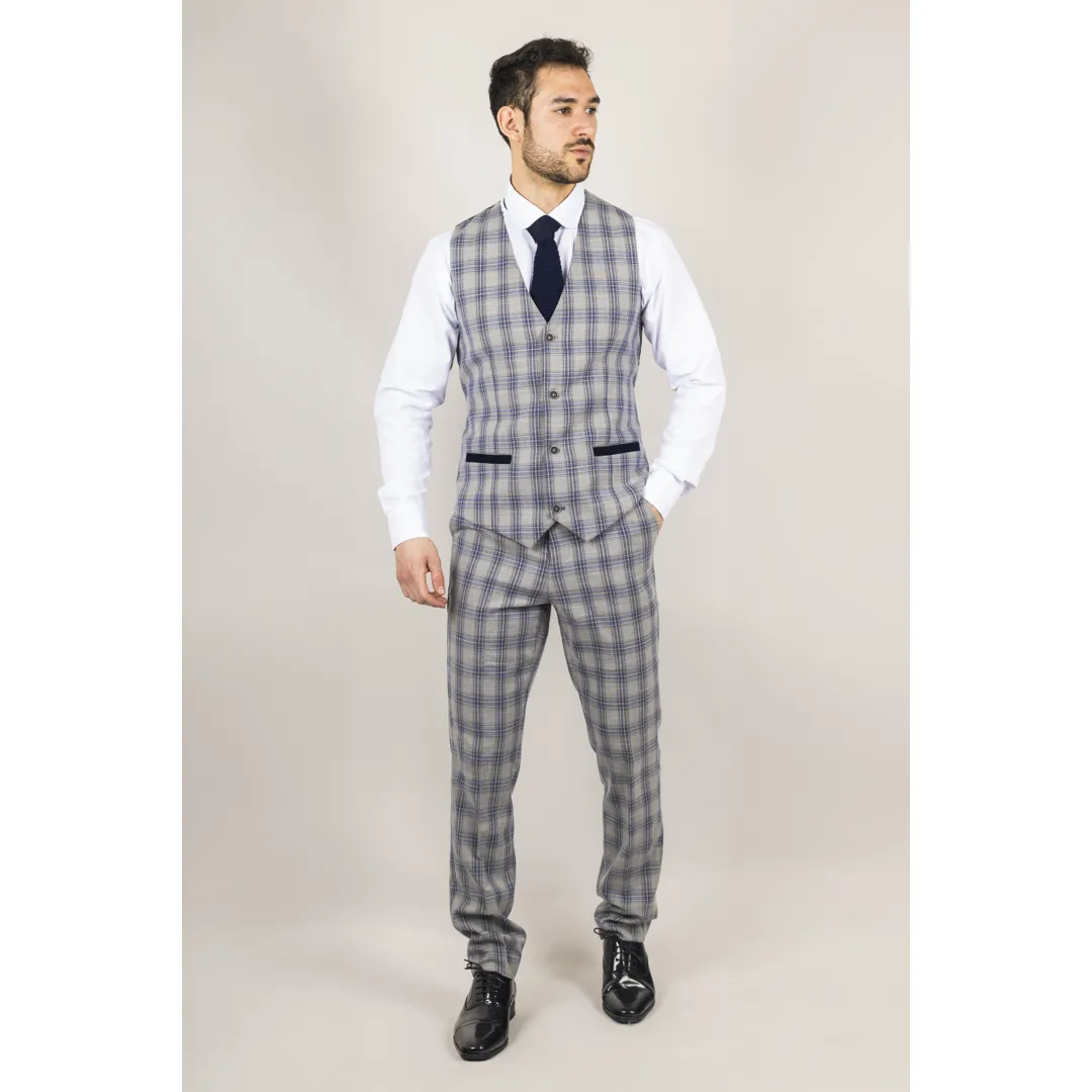 Knight – Men’s Grey Blue Checked Waistcoat - Image 2