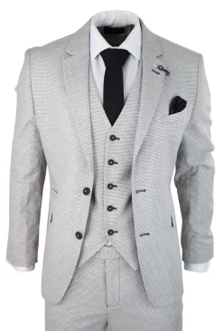 Mens 3 Piece Light Grey Black Check Suit Tailored Fit Retro Vintage Classic Smart
