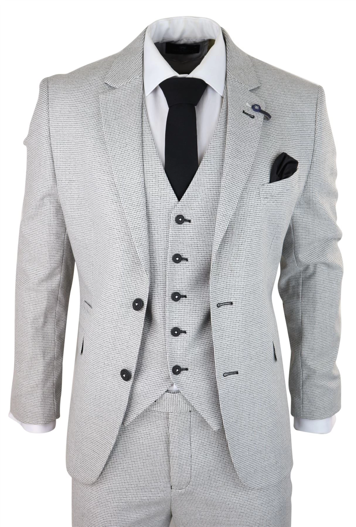 Mens 3 Piece Light Grey Black Check Suit Tailored Fit Retro Vintage Classic Smart