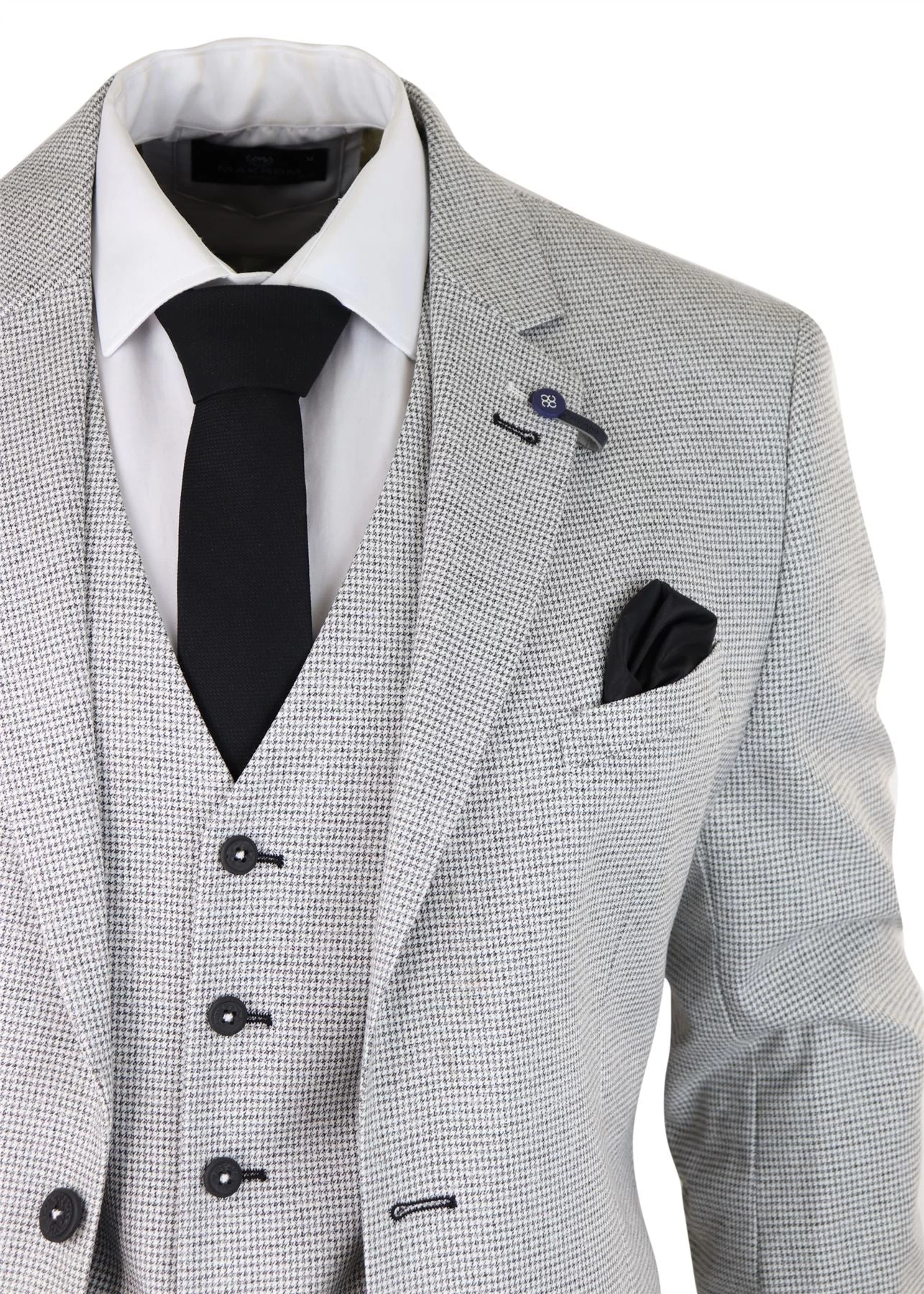 Mens 3 Piece Light Grey Black Check Suit Tailored Fit Retro Vintage Classic Smart - Image 5