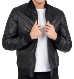 Lamb Real Leather Black Bomber Jacket For Men Regular Fit – B203