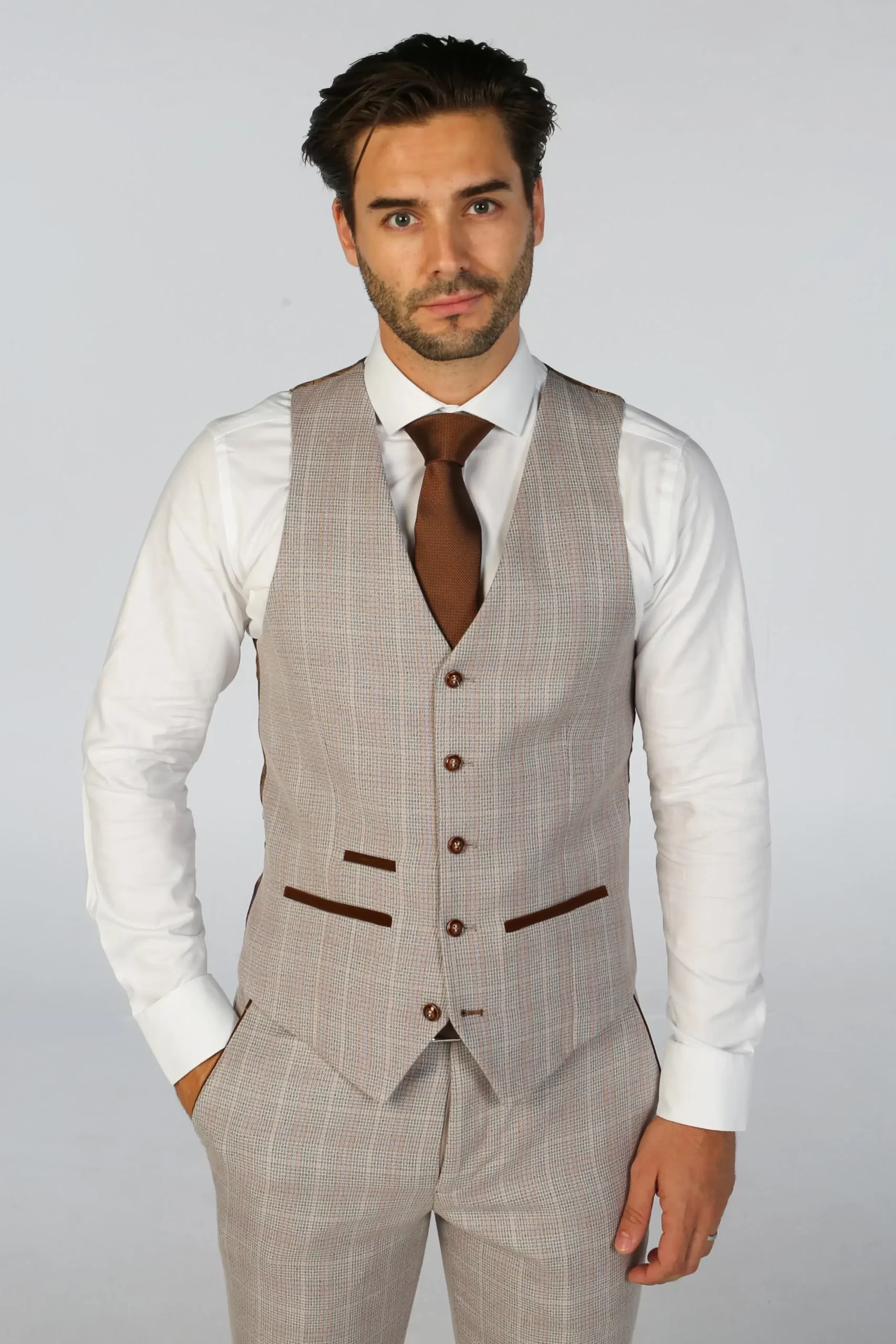 Leo – Men’s Beige 3 Piece Checked Tailored Fit Suit - Image 6