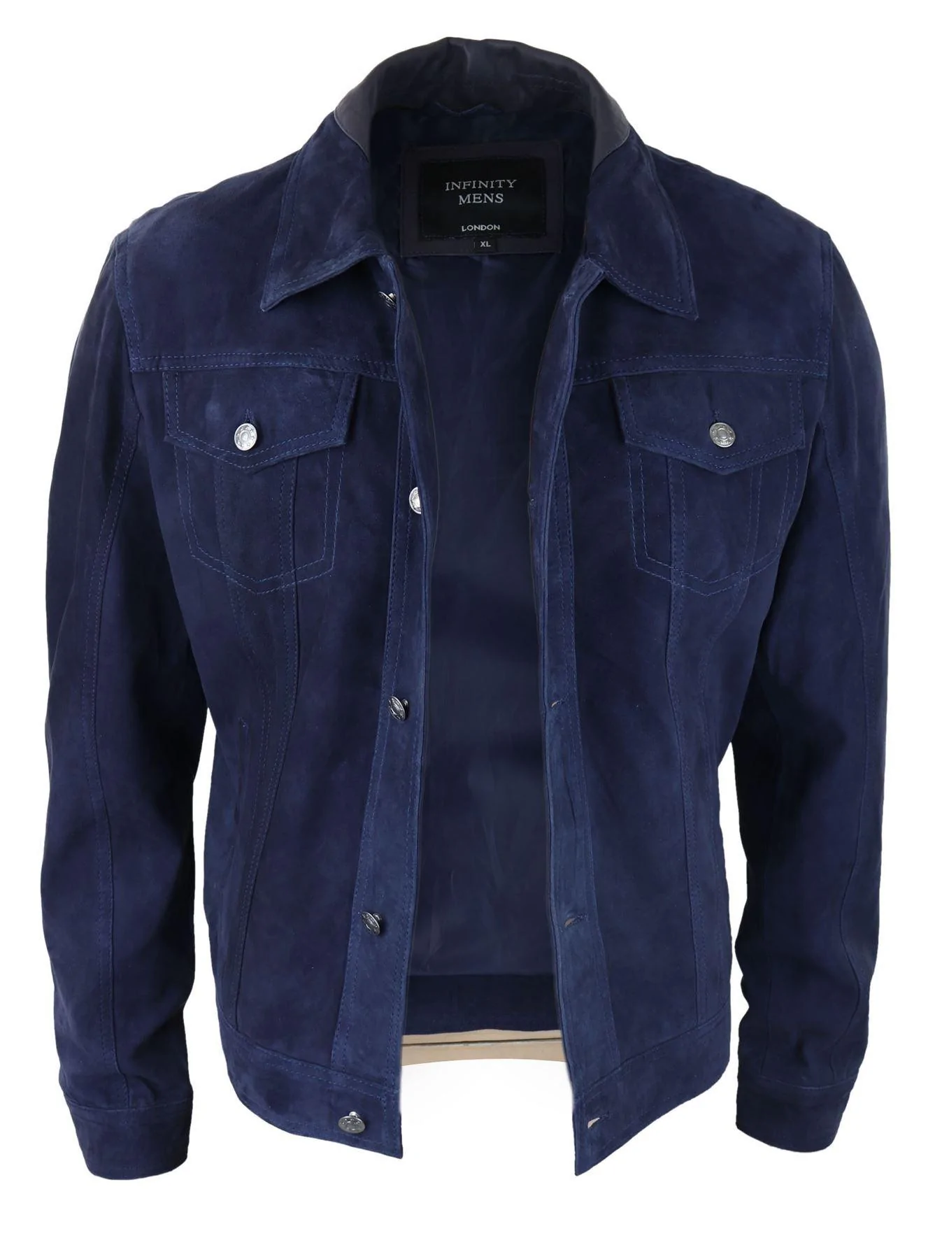 Mens Genuine Suede Jacket Leather Jeans Denim Short Mens Biker Classic Vintage Navy - Image 2