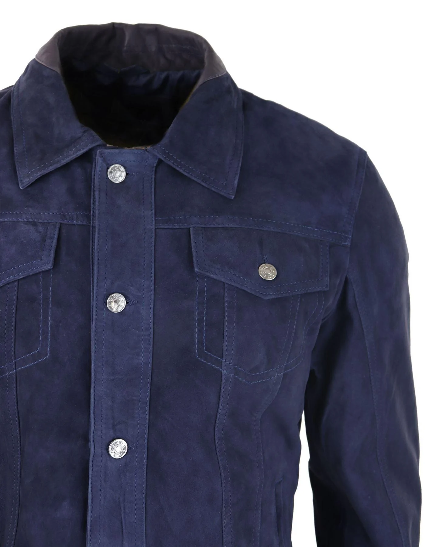 Mens Genuine Suede Jacket Leather Jeans Denim Short Mens Biker Classic Vintage Navy - Image 3