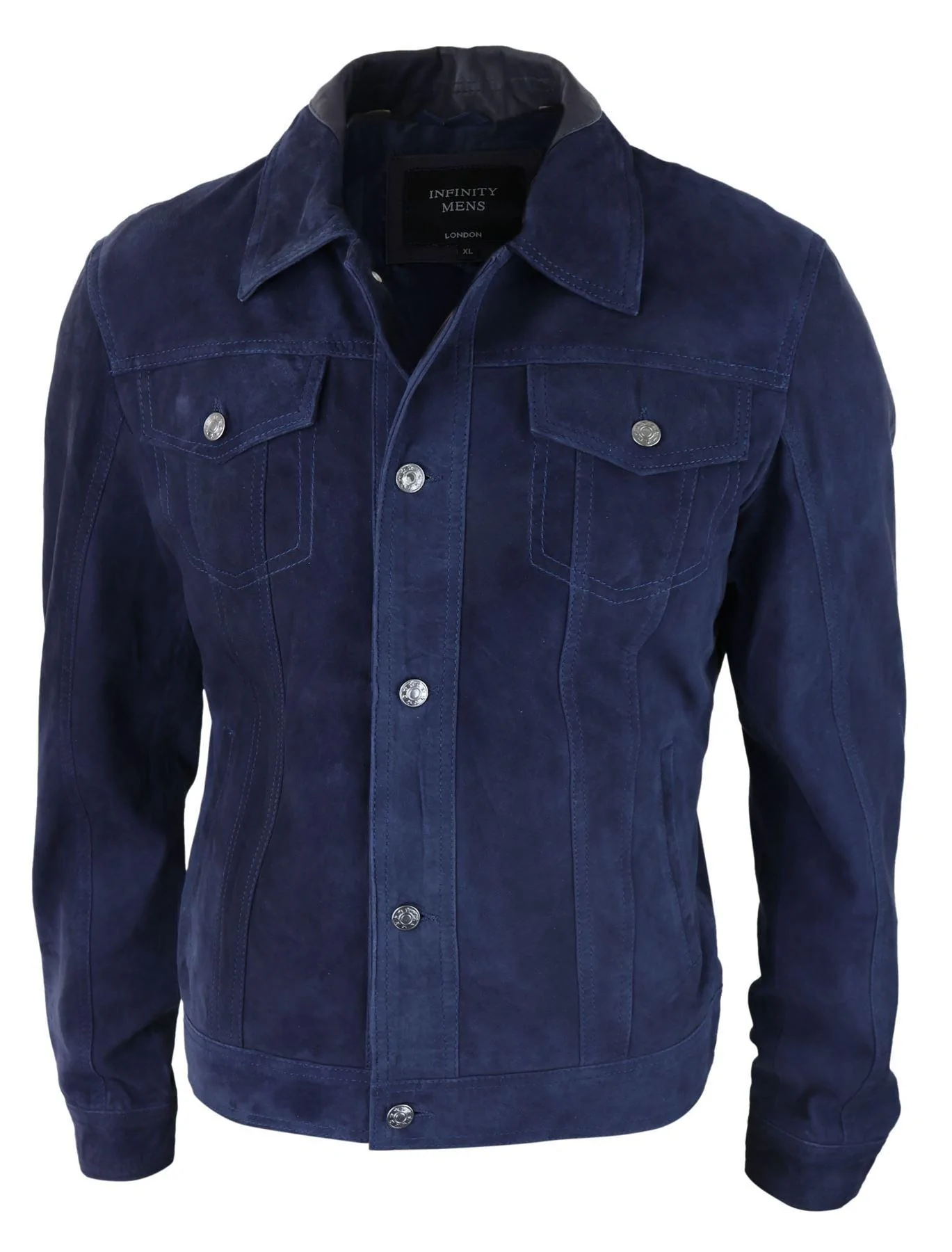 Mens Genuine Suede Jacket Leather Jeans Denim Short Mens Biker Classic Vintage Navy - Image 4