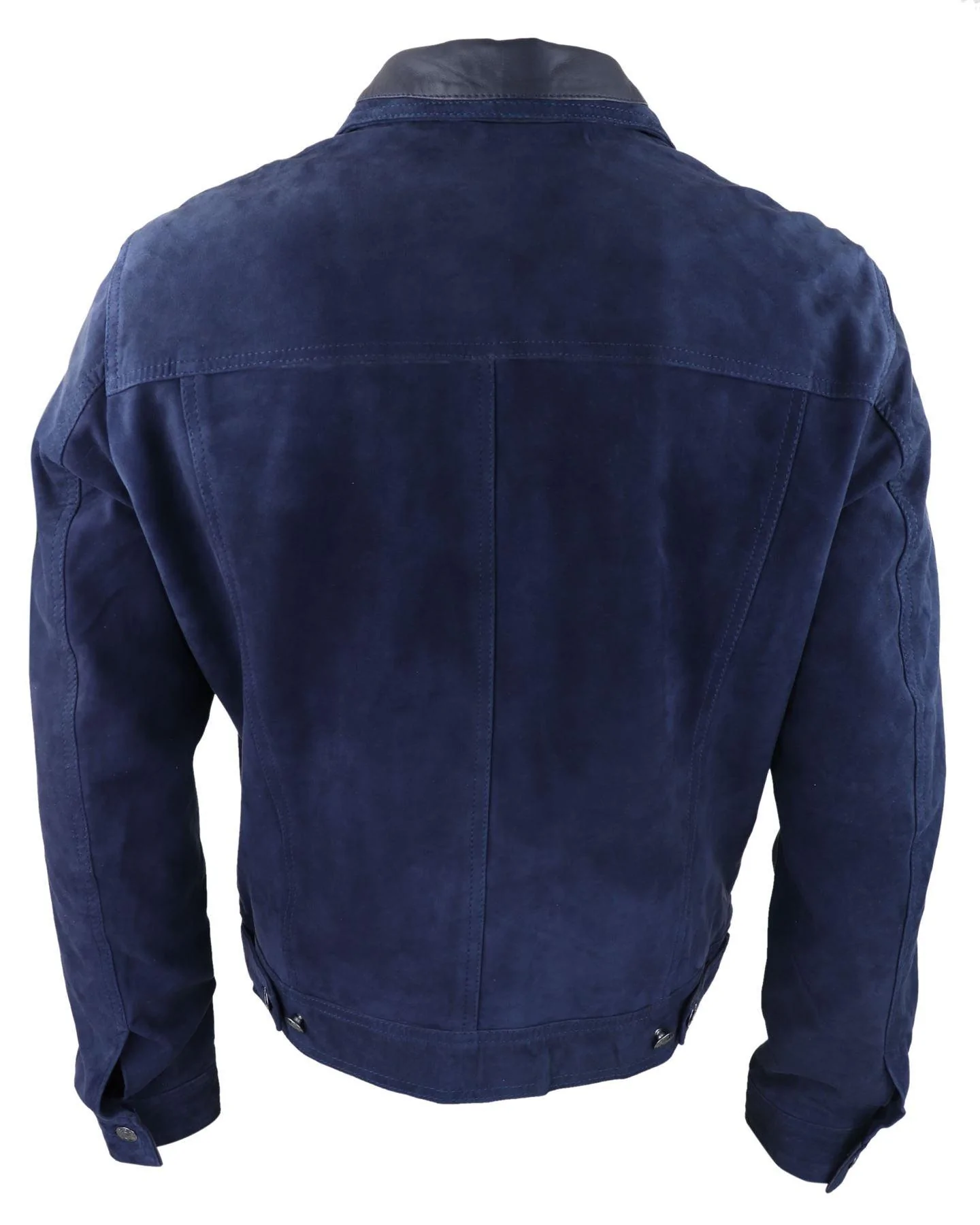 Mens Genuine Suede Jacket Leather Jeans Denim Short Mens Biker Classic Vintage Navy - Image 5