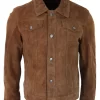 Mens Genuine Suede Jacket Leather Jeans Denim Short Mens Biker Classic Vintage Tan