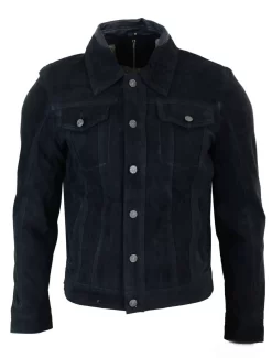 Real Suede Leather Mens Vintage Short Denim Style Retro Jean Jacket Casual – Black Color