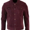 Real Suede Leather Mens Vintage Short Denim Style Retro Jean Jacket Casual – Burgundy Color