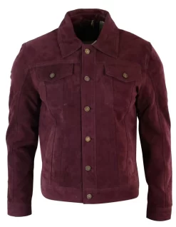 Real Suede Leather Mens Vintage Short Denim Style Retro Jean Jacket Casual – Burgundy Color