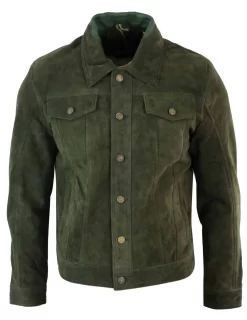 Real Suede Leather Mens Vintage Short Denim Style Retro Jean Jacket Casual – Olive Color