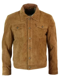 Real Suede Leather Mens Vintage Short Denim Style Retro Jean Jacket Casual – Brown Color