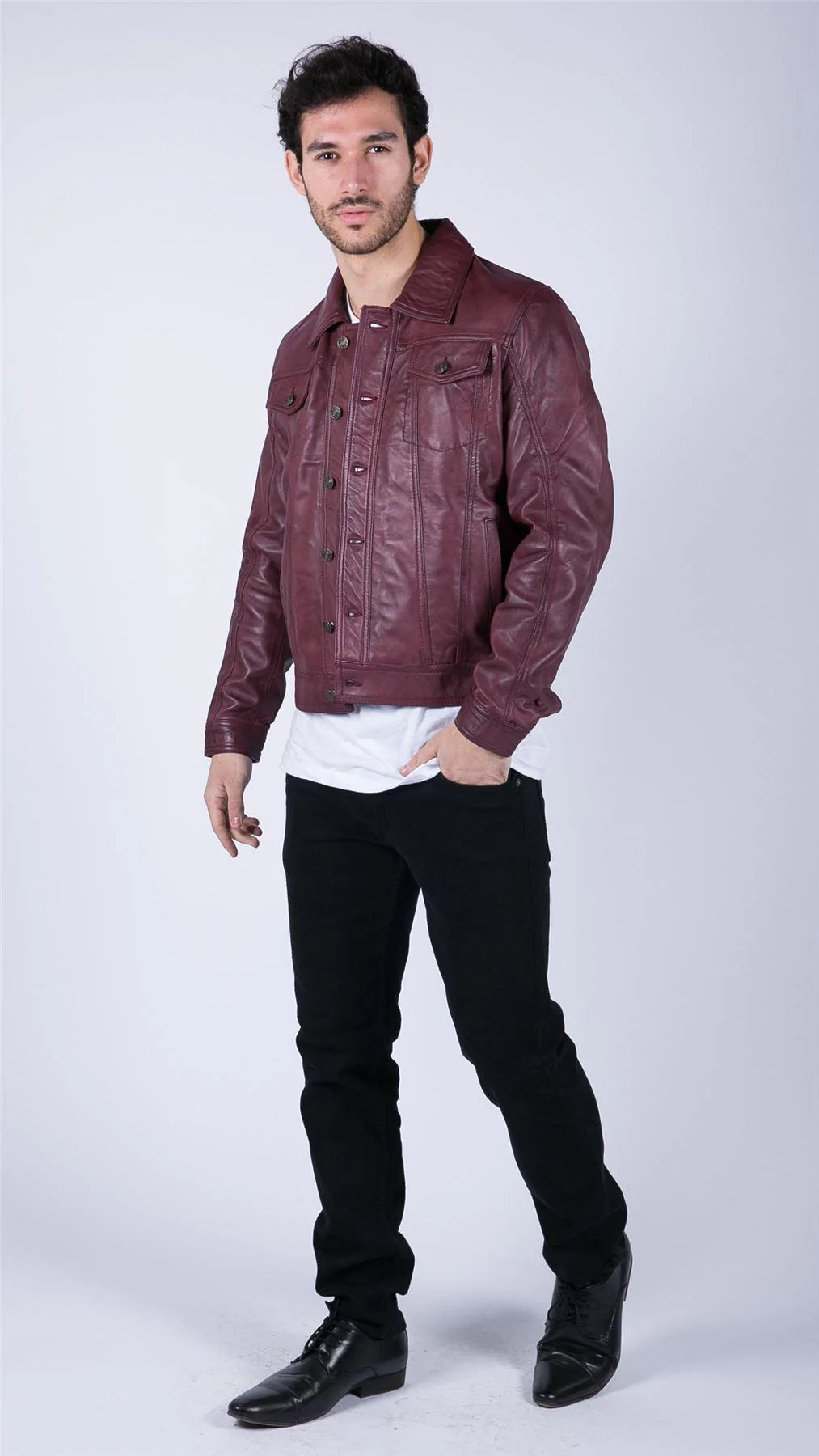 Mens Real Leather Shirt Jacket Burgundy Wine Retro Jeans Style Brando Classic - Image 4