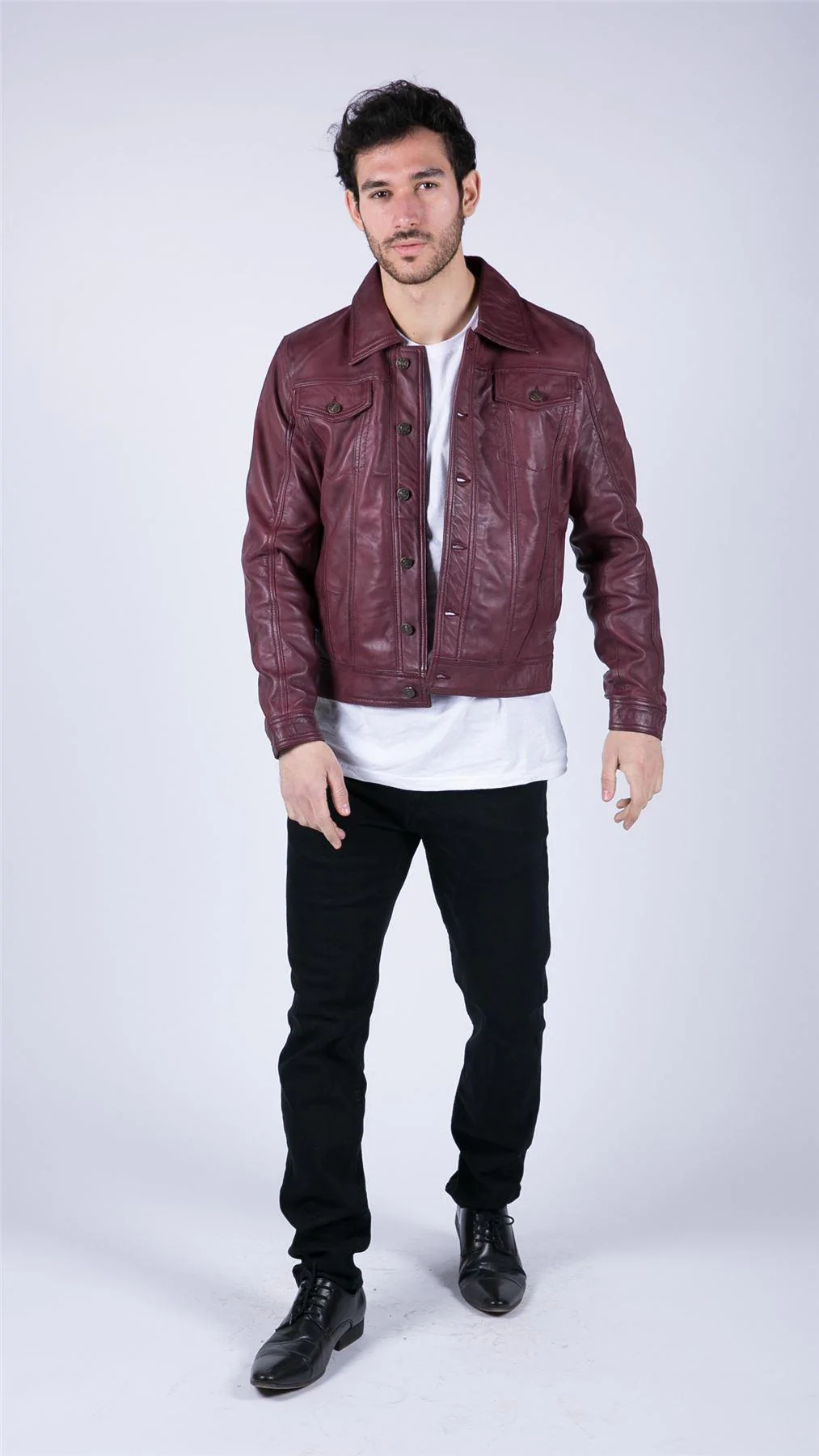 Mens Real Leather Shirt Jacket Burgundy Wine Retro Jeans Style Brando Classic - Image 5
