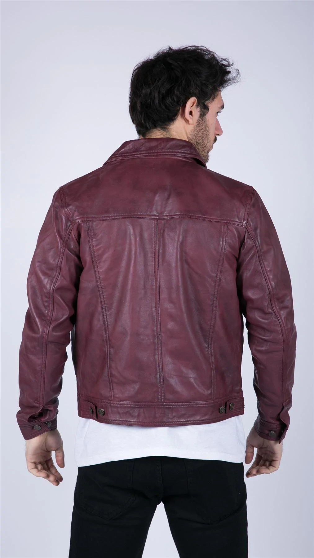 Mens Real Leather Shirt Jacket Burgundy Wine Retro Jeans Style Brando Classic - Image 6