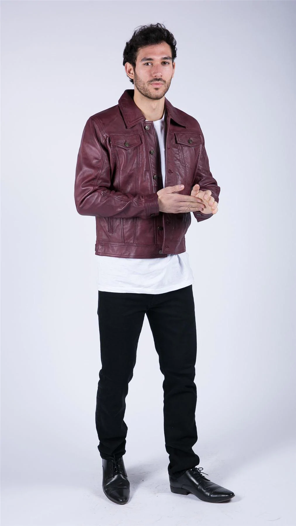 Mens Real Leather Shirt Jacket Burgundy Wine Retro Jeans Style Brando Classic - Image 2