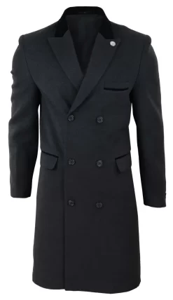 Mens 3/4 Long Double Breasted Charcoal Overcoat