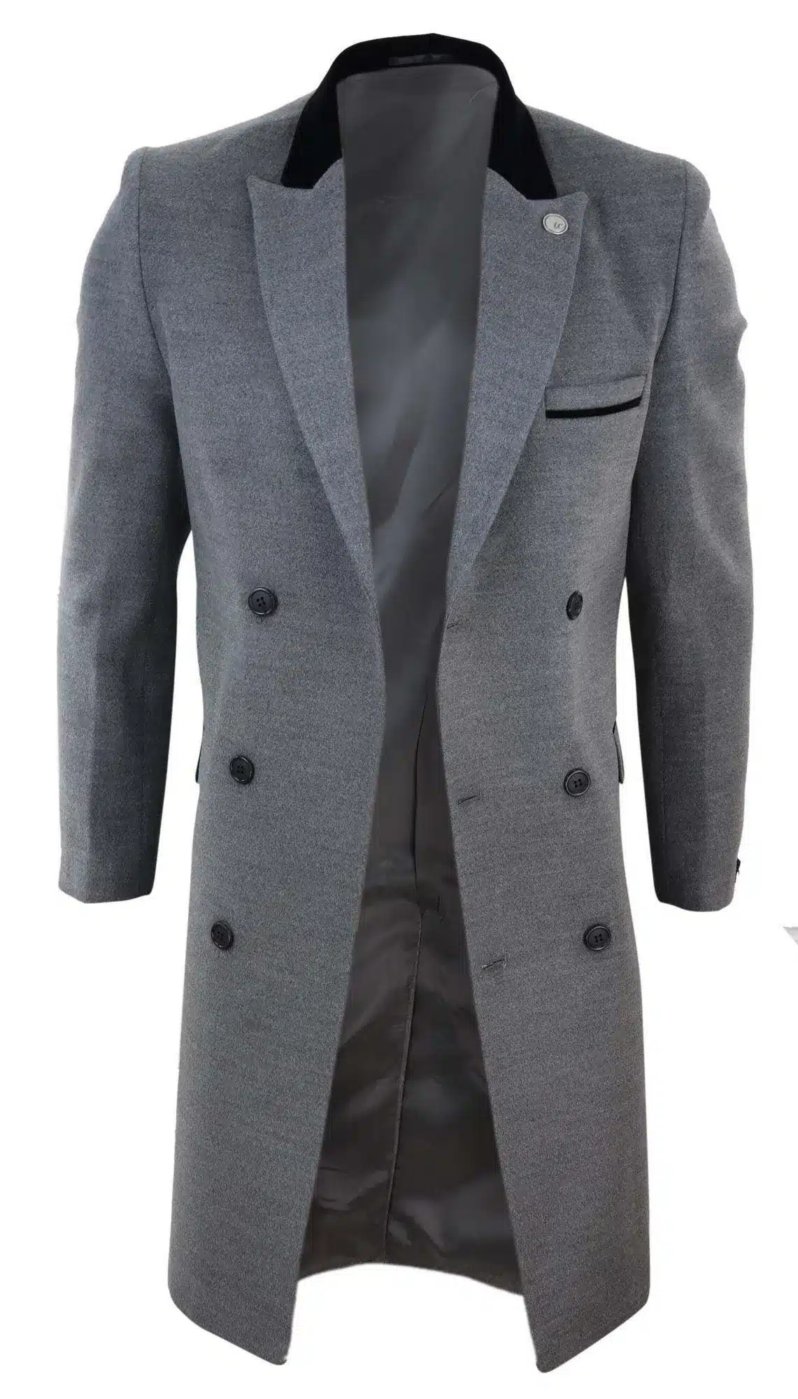 Mens 3/4 Long Double Breasted Grey Overcoat - Image 3