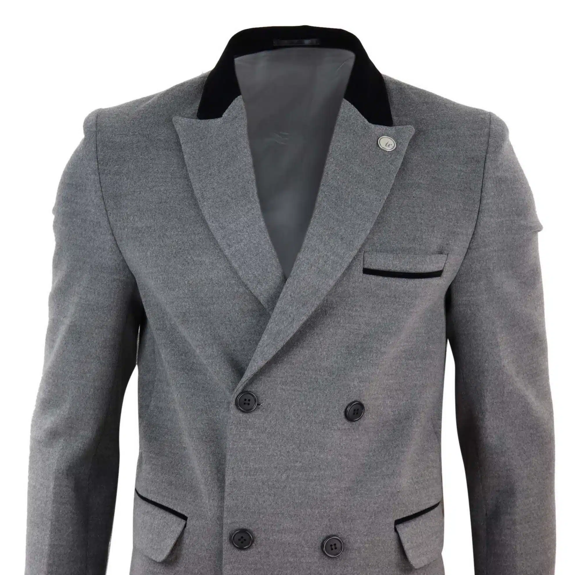 Mens 3/4 Long Double Breasted Grey Overcoat - Image 4
