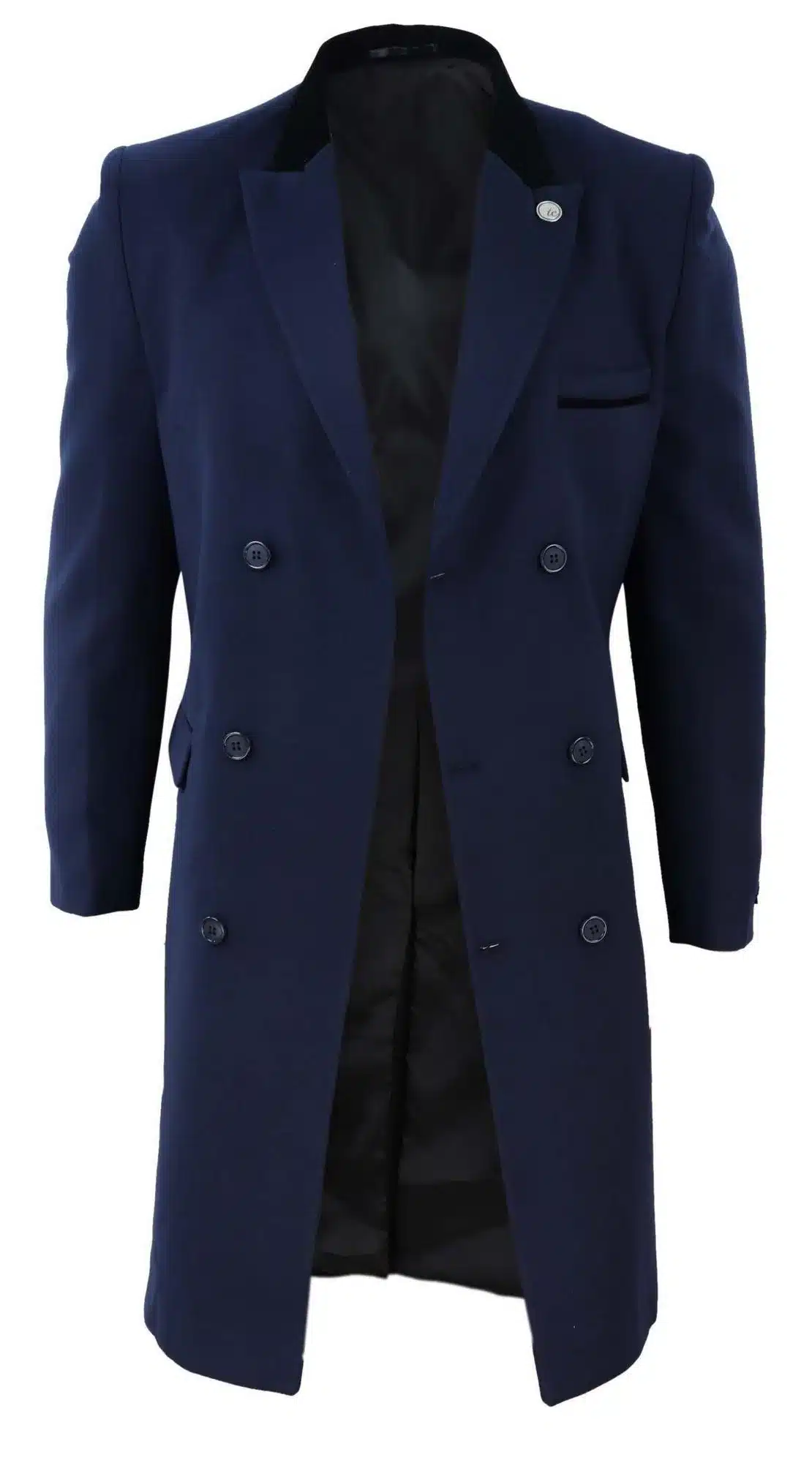 Mens 3/4 Long Double Breasted Navy Overcoat - Image 2