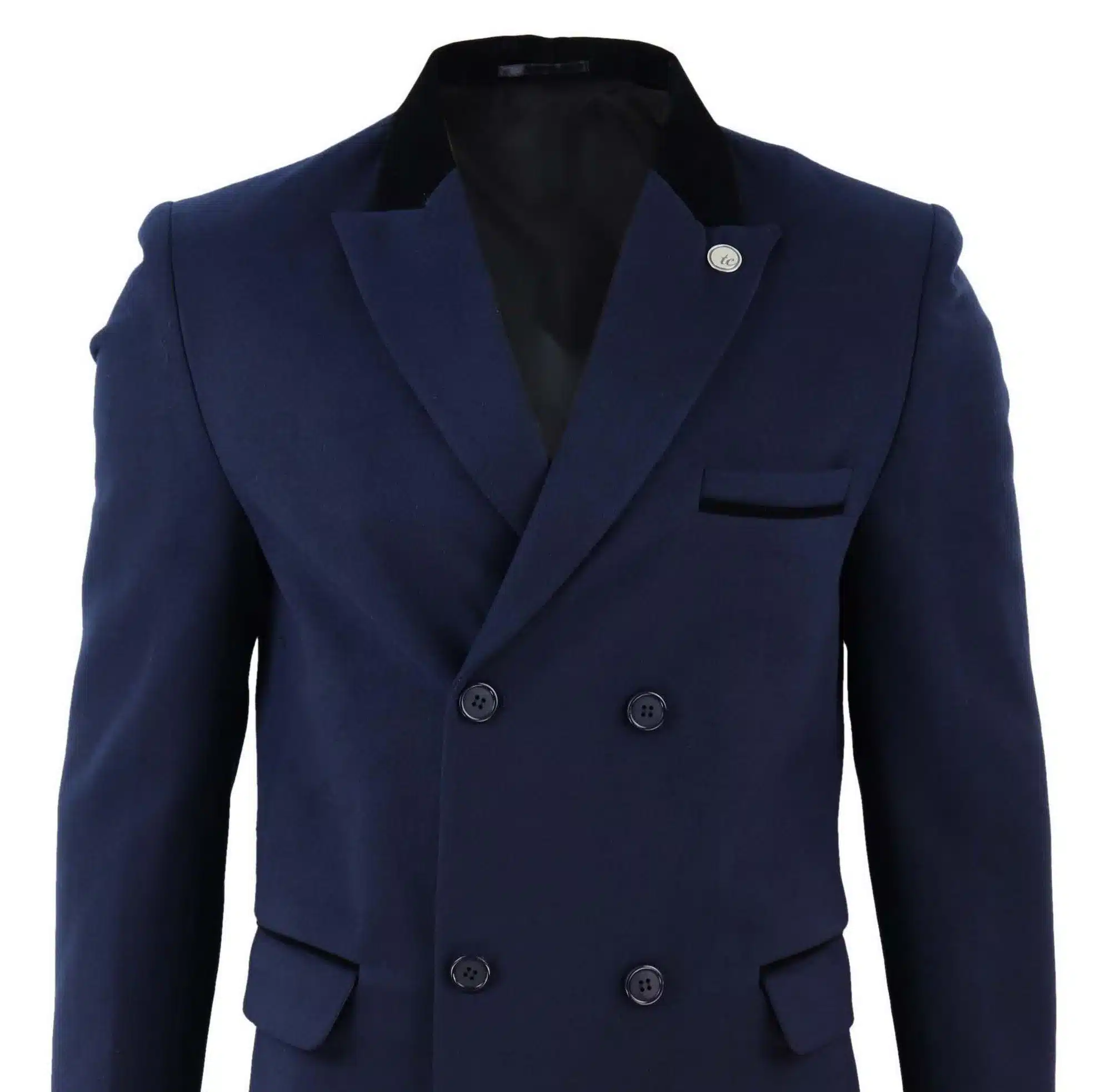 Mens 3/4 Long Double Breasted Navy Overcoat - Image 3