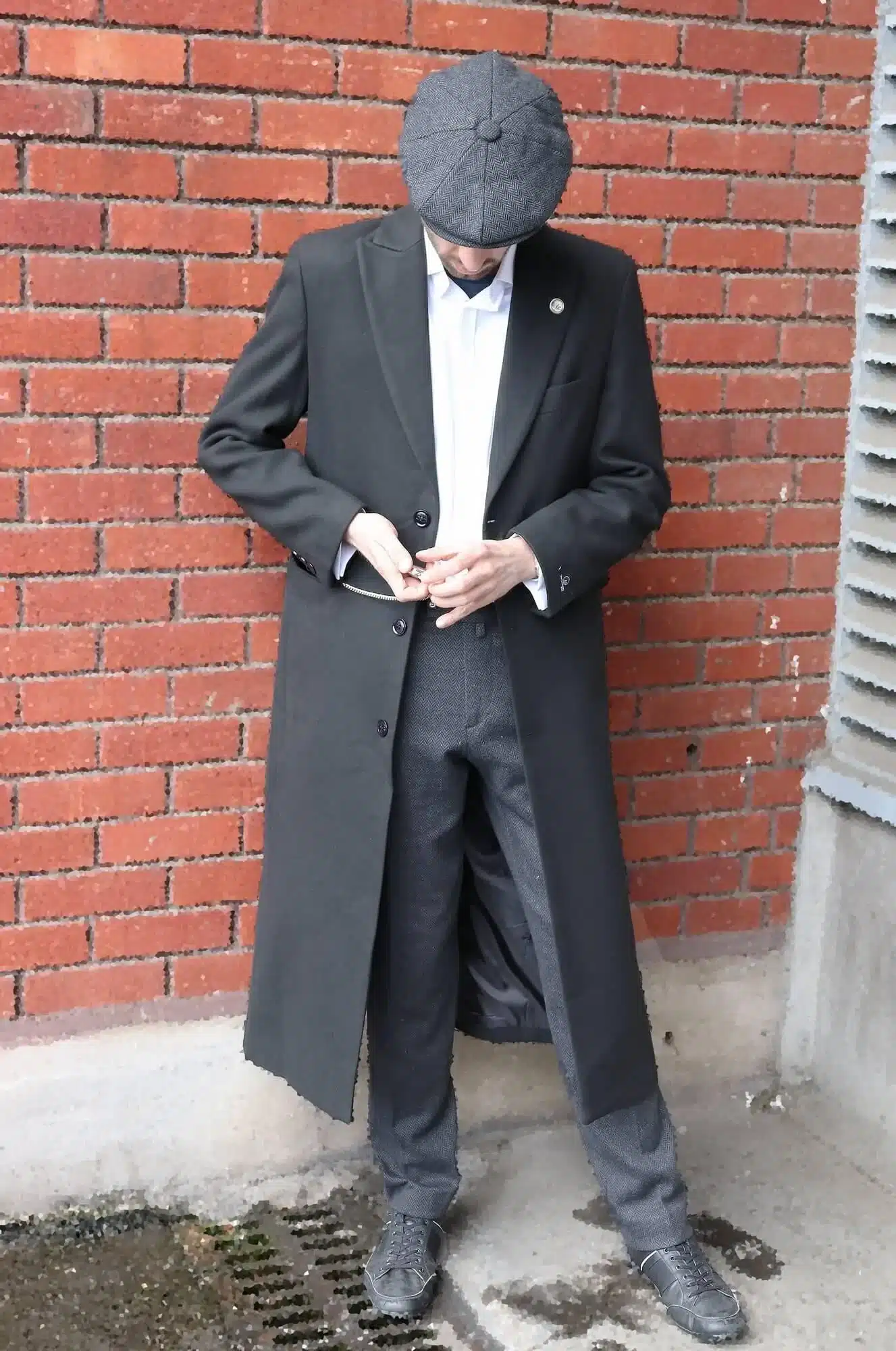 Mens Full Lenth Overcoat Mac Jacket Wool Feel Charcoal 1920s Blinders - Image 6