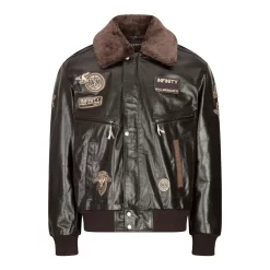 Men’s Leather Jacket Bomber Aviator Badge Brown