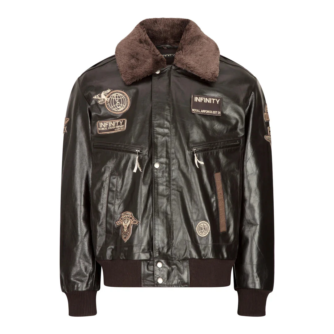 Men’s Leather Jacket Bomber Aviator Badge Brown