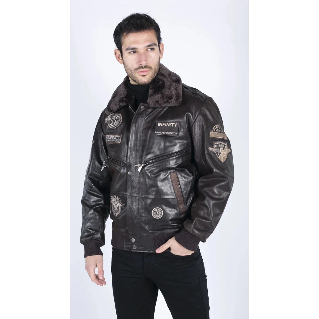 Men’s Leather Jacket Bomber Aviator Badge Brown - Image 2