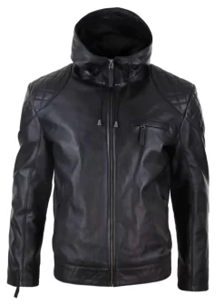 Mens Hooded Biker Leather Jacket – Black