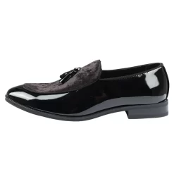 Men’s Slip On Tassel Velvet Detailed Patent Black Loafers