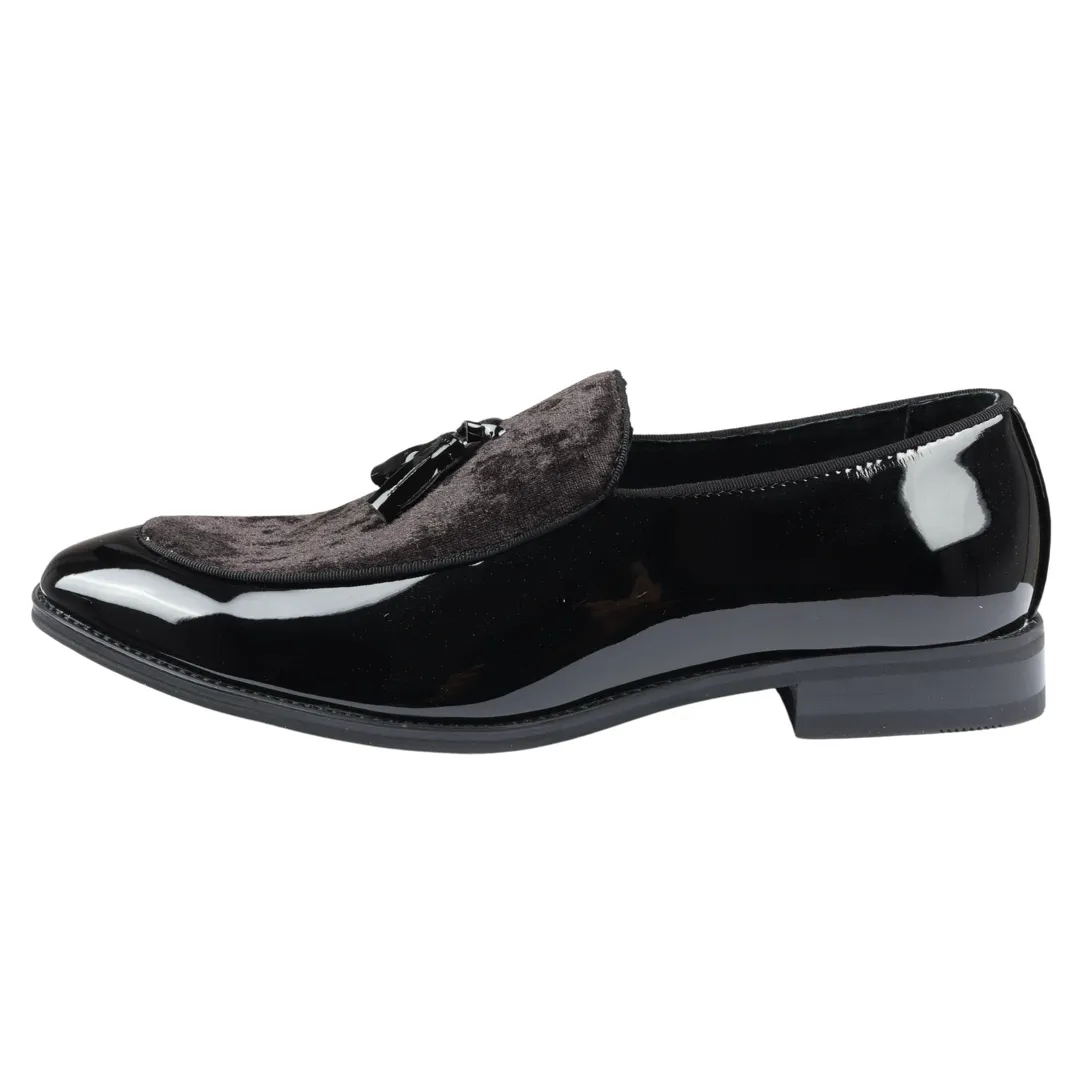 Men’s Slip On Tassel Velvet Detailed Patent Black Loafers