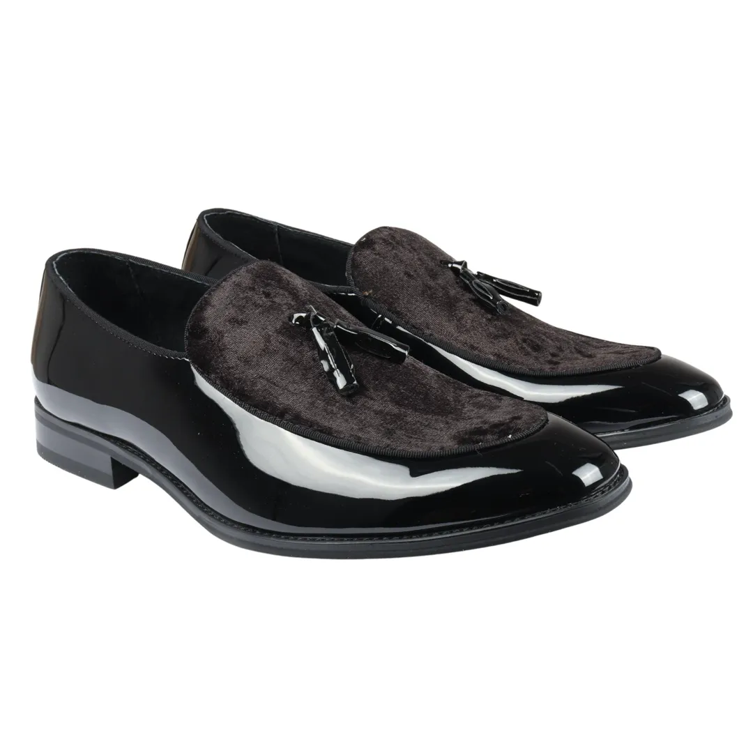 Men’s Slip On Tassel Velvet Detailed Patent Black Loafers - Image 2