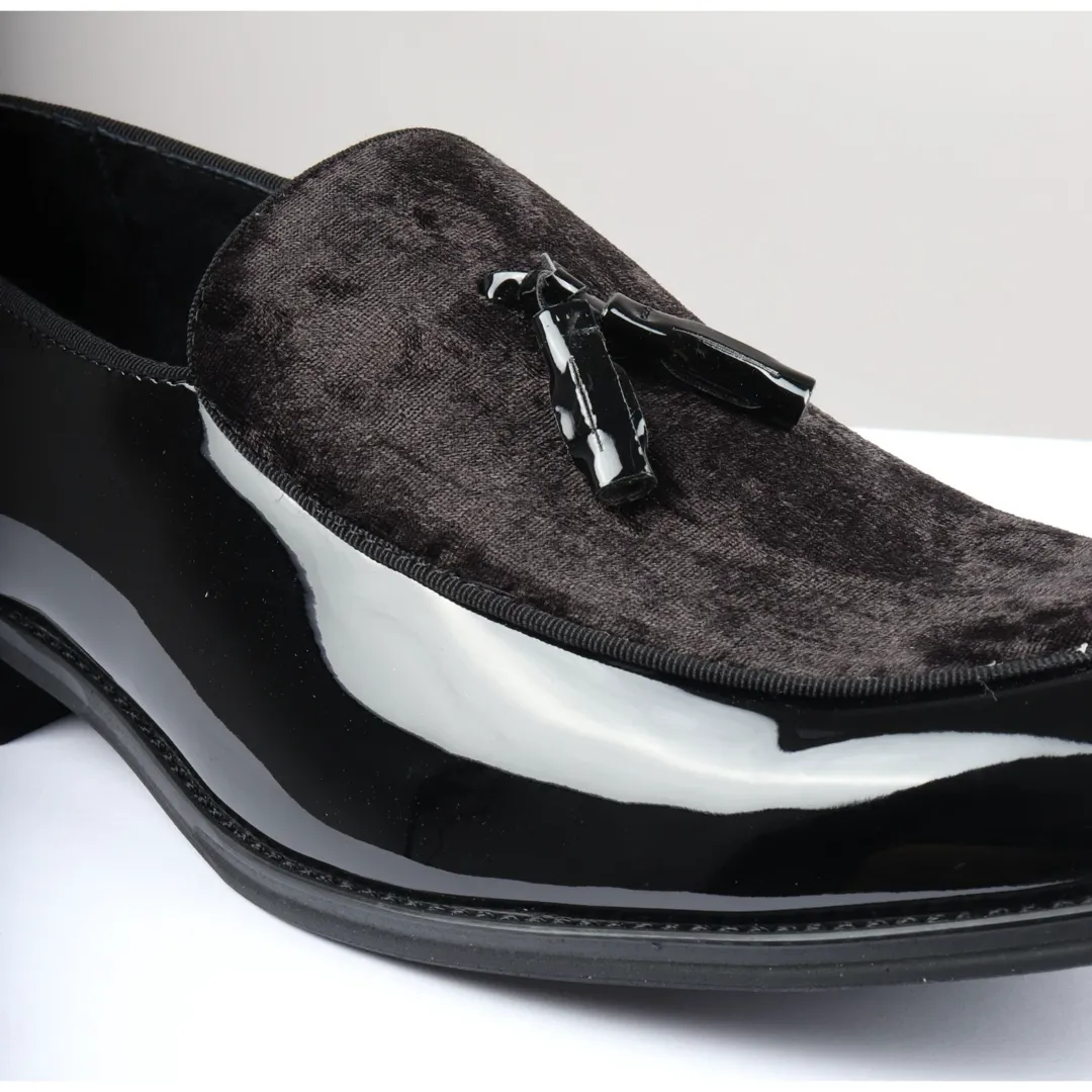 Men’s Slip On Tassel Velvet Detailed Patent Black Loafers - Image 5
