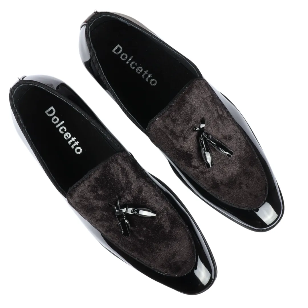 Men’s Slip On Tassel Velvet Detailed Patent Black Loafers - Image 6