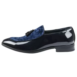 Men’s Slip On Tassel Velvet Detailed Patent Navy Loafers