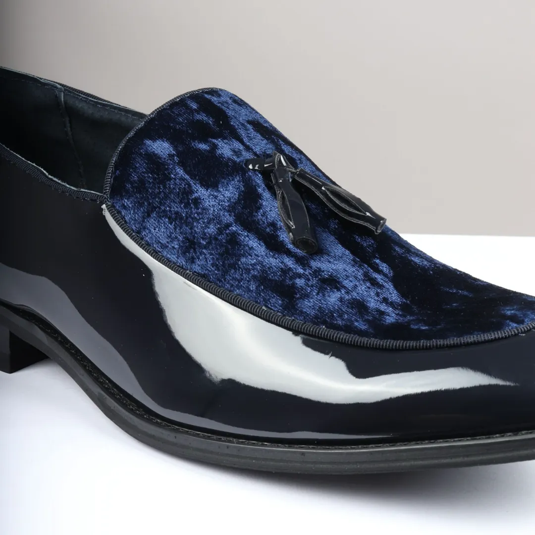 Men’s Slip On Tassel Velvet Detailed Patent Navy Loafers - Image 5