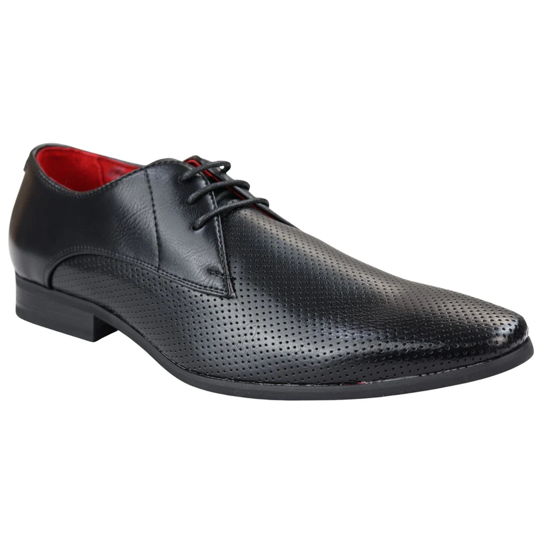 Mens Shoes Smart Formal Perforated Pointed Laced Black Leather PU - Image 2
