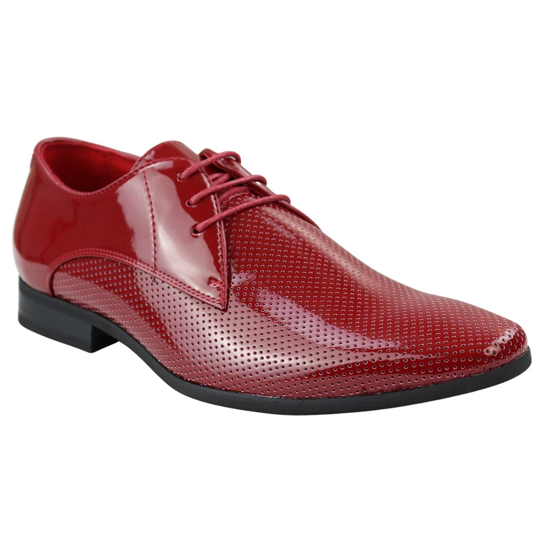 Mens Shoes Smart Formal Perforated Pointed Laced Red Patent Leather PU - Image 2