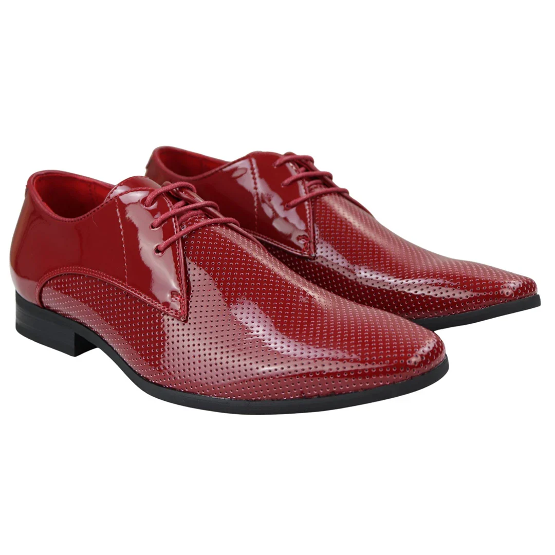 Mens Shoes Smart Formal Perforated Pointed Laced Red Patent Leather PU - Image 3