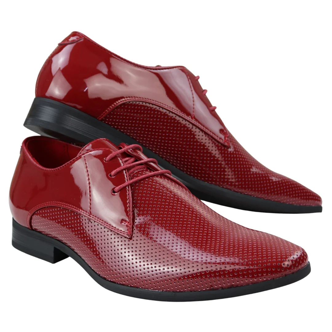 Mens Shoes Smart Formal Perforated Pointed Laced Red Patent Leather PU - Image 4