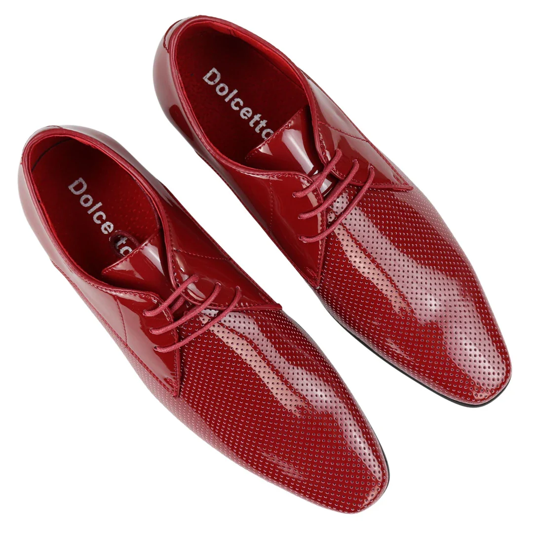 Mens Shoes Smart Formal Perforated Pointed Laced Red Patent Leather PU - Image 5